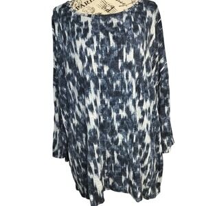 Sunday Women's 2X Blue White Abstract Ikat Print Tunic 3/4‎ Sleeve Scoop Neck